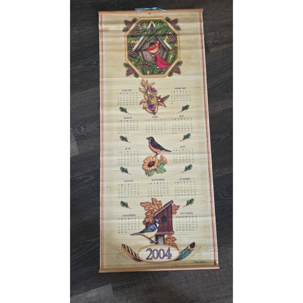 Dan Morris Bamboo Wall Calendar Scroll 2003 2004 Tan Bird Nature Art 12x30